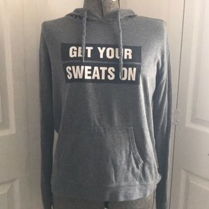 Women’s Champion L/S workout hoodie, Small, Gray & Black, “Get Your Sweats On”.